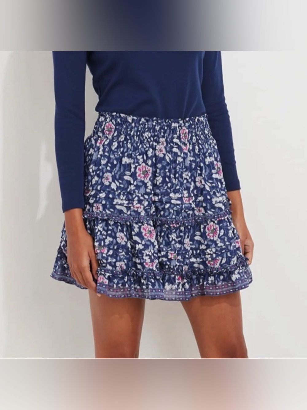 Vineyard Vines Silk Silk Blend Smocked Tiered Mini Skirt Navy Size L NWT